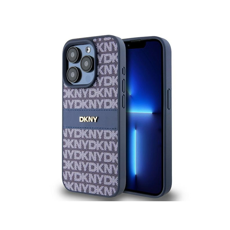 DKNY Leather Mono Stripe & Metal Logo dėklas, skirtas iPhone 15 Pro - mėlynas