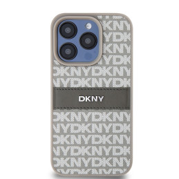 DKNY Leather Mono Stripe & Metal Logo dėklas, skirtas iPhone 15 Pro - smėlio spalvos