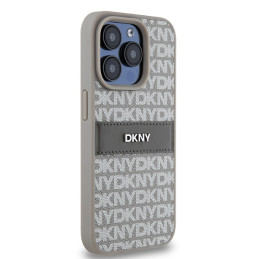 DKNY Leather Mono Stripe & Metal Logo dėklas, skirtas iPhone 15 Pro - smėlio spalvos