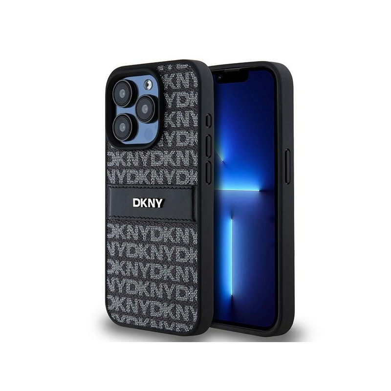 DKNY Leather Mono Stripe & Metal Logo dėklas iPhone 15 Pro - juodas