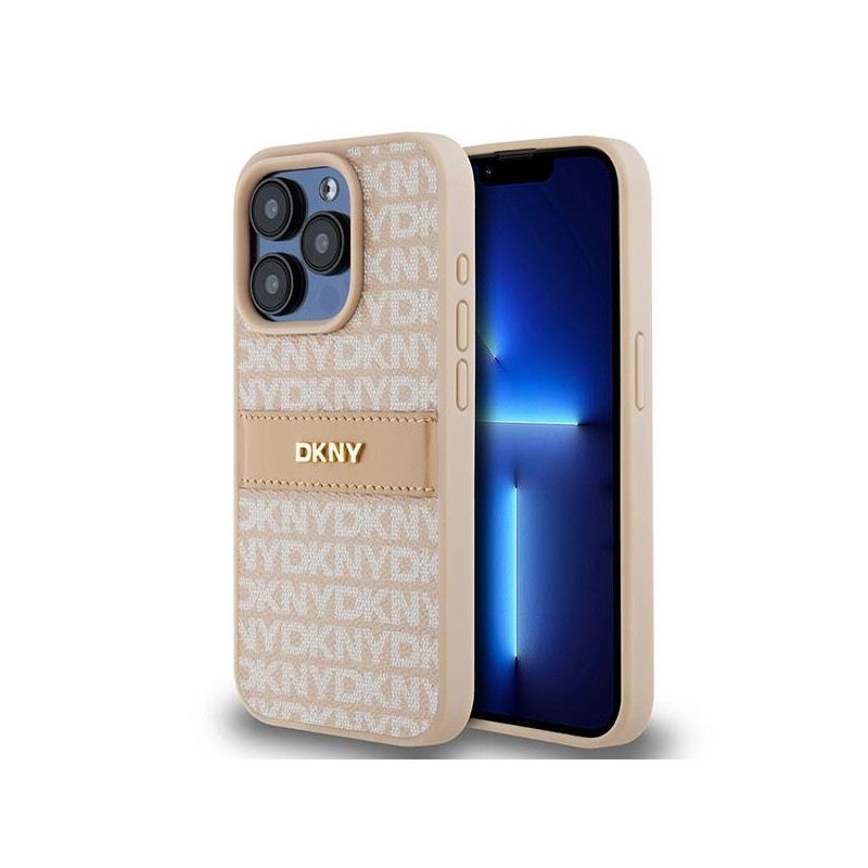 DKNY Leather Mono Stripe & Metal Logo dėklas iPhone 15 Pro - rožinis