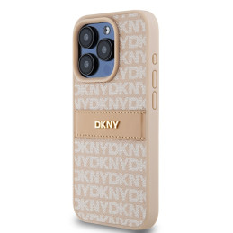 DKNY Leather Mono Stripe & Metal Logo dėklas iPhone 15 Pro - rožinis