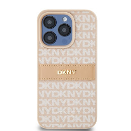 DKNY Leather Mono Stripe & Metal Logo dėklas iPhone 15 Pro - rožinis