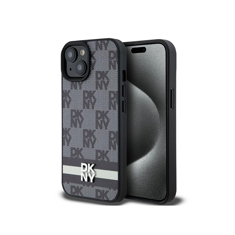 DKNY odinis languotas monofoninis dėklas ir spausdintomis juostelėmis, skirtas iPhone 15 Plus / 14 Plus – juodas