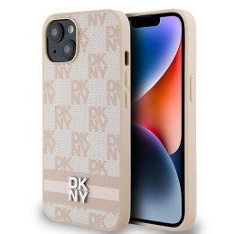 DKNY odinis languotas monofoninis dėklas su spausdintomis juostelėmis, skirtas iPhone 15 Plus / 14 Plus – rožinis