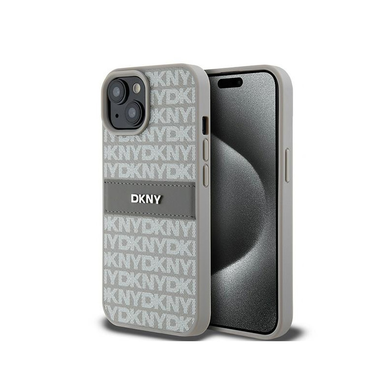 DKNY Leather Mono Stripe & Metal Logo dėklas, skirtas iPhone 15 Plus / 14 Plus - smėlio spalvos