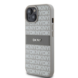 DKNY Leather Mono Stripe & Metal Logo dėklas, skirtas iPhone 15 Plus / 14 Plus - smėlio spalvos