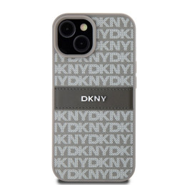 DKNY Leather Mono Stripe & Metal Logo dėklas, skirtas iPhone 15 Plus / 14 Plus - smėlio spalvos