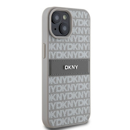 DKNY Leather Mono Stripe & Metal Logo dėklas, skirtas iPhone 15 Plus / 14 Plus - smėlio spalvos