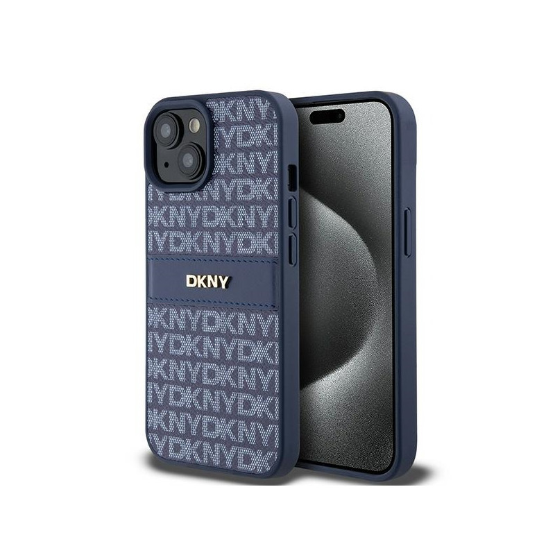 DKNY Leather Mono Stripe & Metal Logo dėklas, skirtas iPhone 15 / 14 / 13 - mėlynas