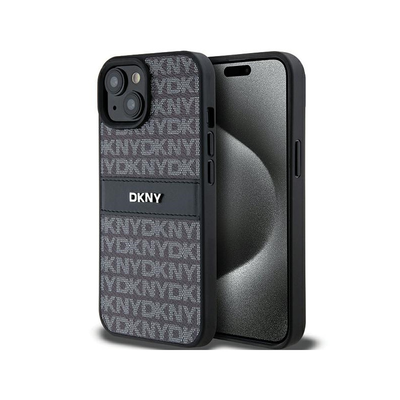 DKNY odinis mono juostinis ir metalinis logotipo dėklas, skirtas iPhone 15/ 14/ 13 – juodas