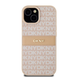 DKNY Leather Mono Stripe & Metal Logo dėklas, skirtas iPhone 15 / 14 / 13 - rožinis