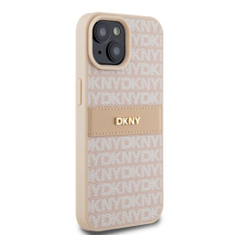 DKNY Leather Mono Stripe & Metal Logo dėklas, skirtas iPhone 15 / 14 / 13 - rožinis