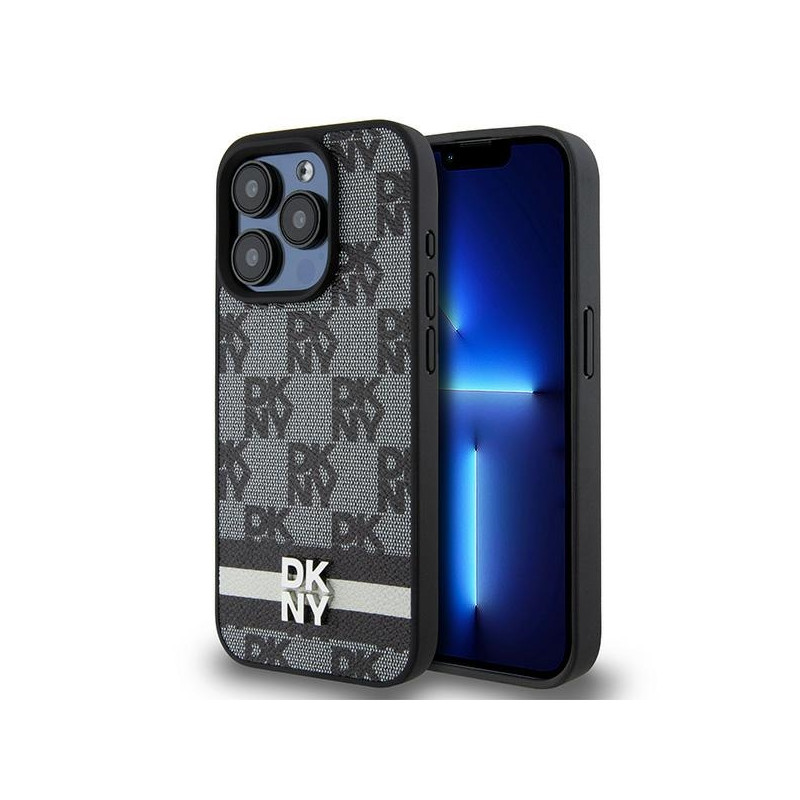 DKNY odinis languotas monofoninis dėklas ir spausdintomis juostelėmis skirtas iPhone 15 Pro Max – juodas
