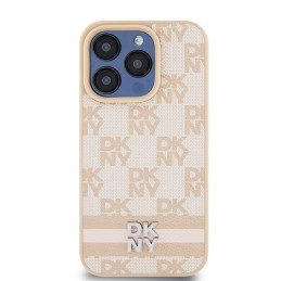 DKNY Leather Checkered Mono Pattern & Printed Stripes dėklas, skirtas iPhone 15 Pro Max - rožinis