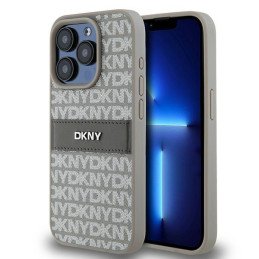 DKNY Leather Mono Stripe & Metal Logo dėklas, skirtas iPhone 15 Pro Max - smėlio spalvos