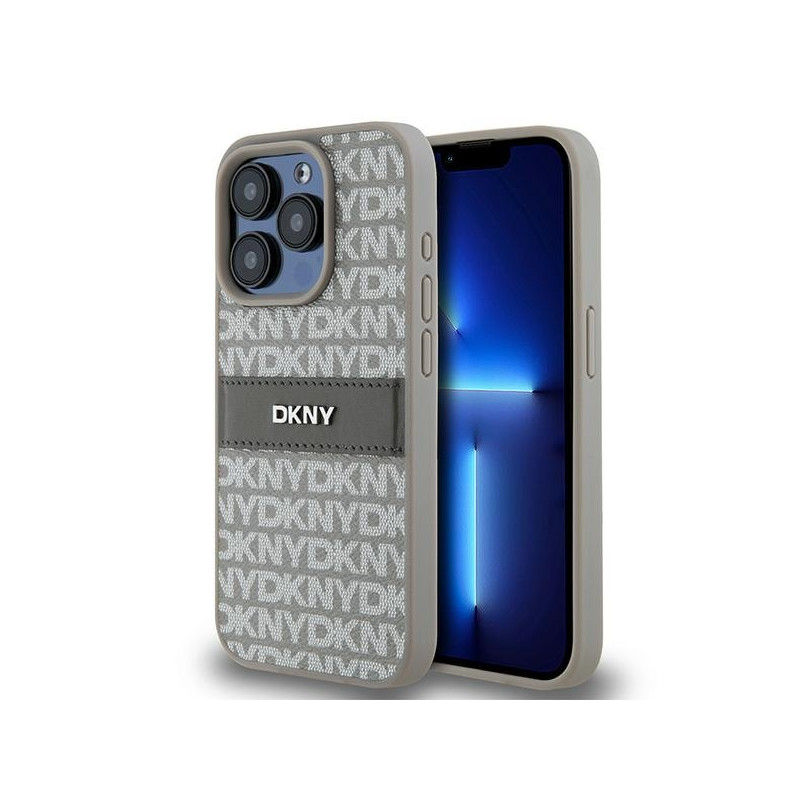 DKNY Leather Mono Stripe & Metal Logo dėklas, skirtas iPhone 15 Pro Max - smėlio spalvos