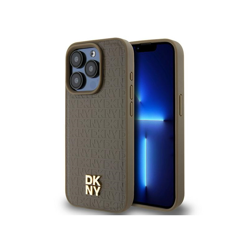 DKNY Leather Pattern Metal Logo MagSafe dėklas iPhone 14 Pro - rudas