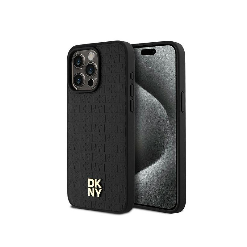 DKNY odinis monogramos raštas metalinis logotipas MagSafe dėklas, skirtas iPhone 15 Pro Max – juodas