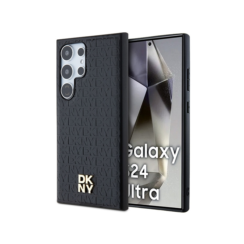 DKNY Leather Pattern Metal Logo MagSafe dėklas Samsung Galaxy S24 Ultra - juodas