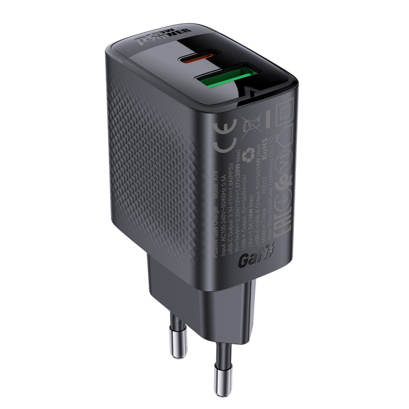 Acefast A78 GaN USB-A / USB-C PD 20W tinklo įkroviklis - juodas