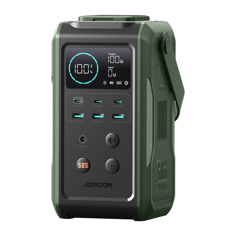 Powerbank Joyroom JR-PBF10 75000mAh 100W 3x USB-C 3x USB-A su sulankstomu žibintuvėliu ir rankena – žalia