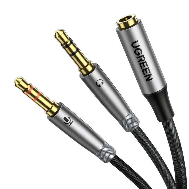 Ugreen AUX skirstytuvo kabelis 3,5 mm mini lizdas (moteris) - 2x 3,5 mm mini lizdas (vyras - mikrofonas ir ausinės) sida...