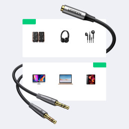 Ugreen AUX skirstytuvo kabelis 3,5 mm mini lizdas (moteris) - 2x 3,5 mm mini lizdas (vyras - mikrofonas ir ausinės) sida...