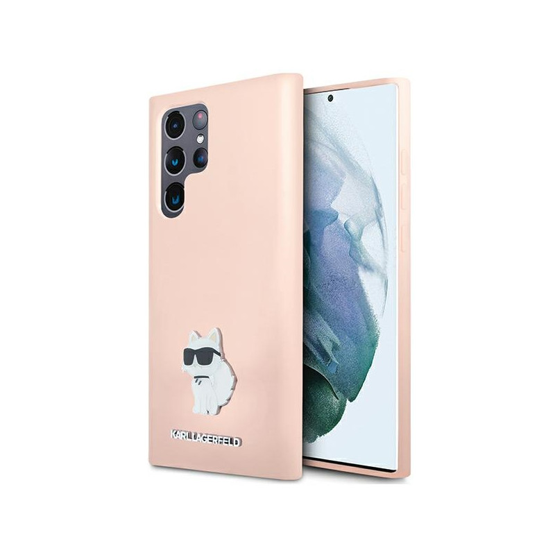Karl Lagerfeld Silicone Choupette Metal Pin dėklas Samsung Galaxy S24 Ultra - rožinis