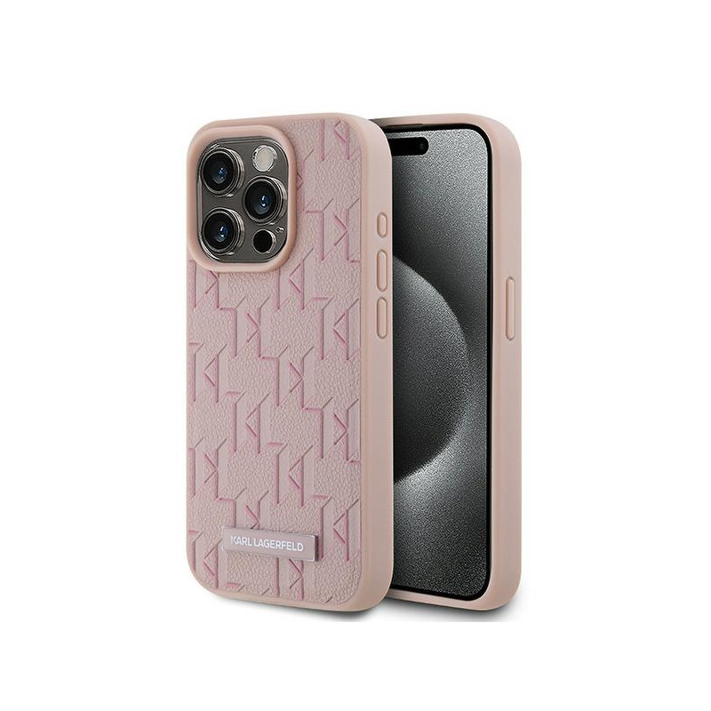 Karl Lagerfeld Leather Monogram Metal Logo dėklas iPhone 15 Pro - rožinis