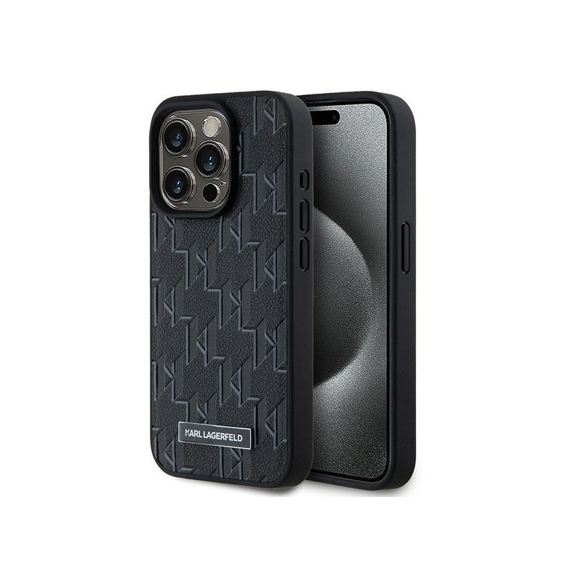 Karl Lagerfeld Leather Monogram Metal Logo dėklas, skirtas iPhone 15 Pro Max - juodas