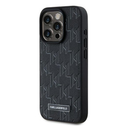 Karl Lagerfeld Leather Monogram Metal Logo dėklas, skirtas iPhone 15 Pro Max - juodas