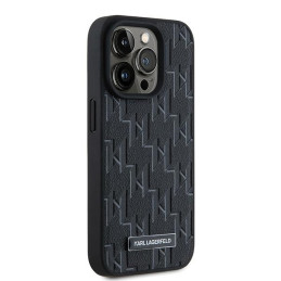 Karl Lagerfeld Leather Monogram Metal Logo dėklas, skirtas iPhone 15 Pro Max - juodas