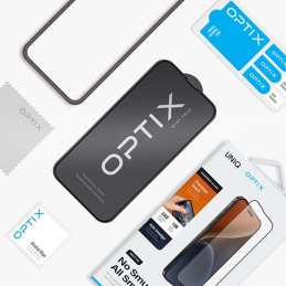 UNIQ Optix Matte matinis grūdintas stiklas, skirtas iPhone 15 / 14 Pro su aplikatoriumi