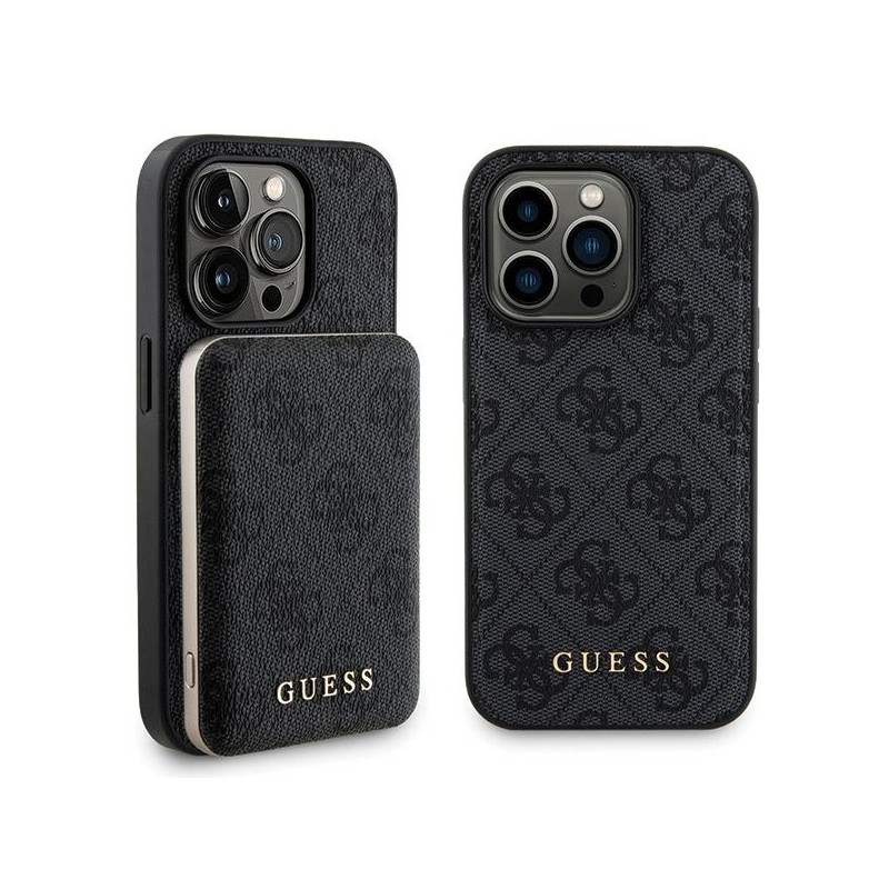 Guess 4G Metal Logo dėklo rinkinys iPhone 15 Pro + 5000mAh MagSafe maitinimo blokas - juodas