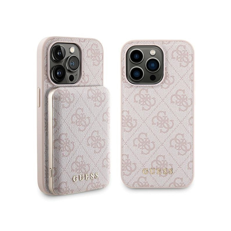 Guess 4G Metal Logo dėklo rinkinys, skirtas iPhone 15 Pro + 5000mAh MagSafe maitinimo blokas - rožinė