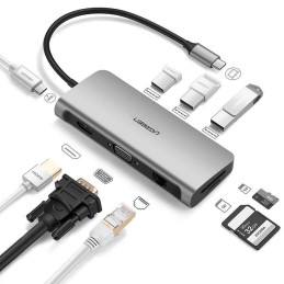 Ugreen CM179 9in1 USB-C – 3x USB-A 3.0 / HDMI / VGA / RJ45 / TF / SD kortelių skaitytuvas / USB-C adapteris - pilka