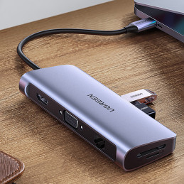 Ugreen CM179 9in1 USB-C – 3x USB-A 3.0 / HDMI / VGA / RJ45 / TF / SD kortelių skaitytuvas / USB-C adapteris - pilka