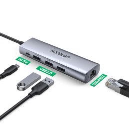 Ugreen CM266 60812 5in1 USB-A 3.0 - RJ45 / 3x USB-A 3.0 / micro USB adapteris - pilka
