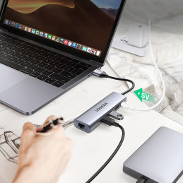 Ugreen CM266 60812 5in1 USB-A 3.0 - RJ45 / 3x USB-A 3.0 / micro USB adapteris - pilka