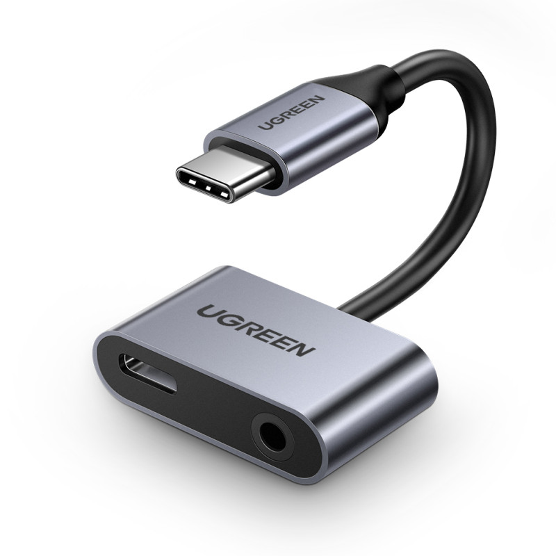 Ugreen CM193 50596 garso adapteris dviejų prievadų USB-C (vyriškas) - mini lizdas 3,5 mm / USB-C (moteris) - pilkas