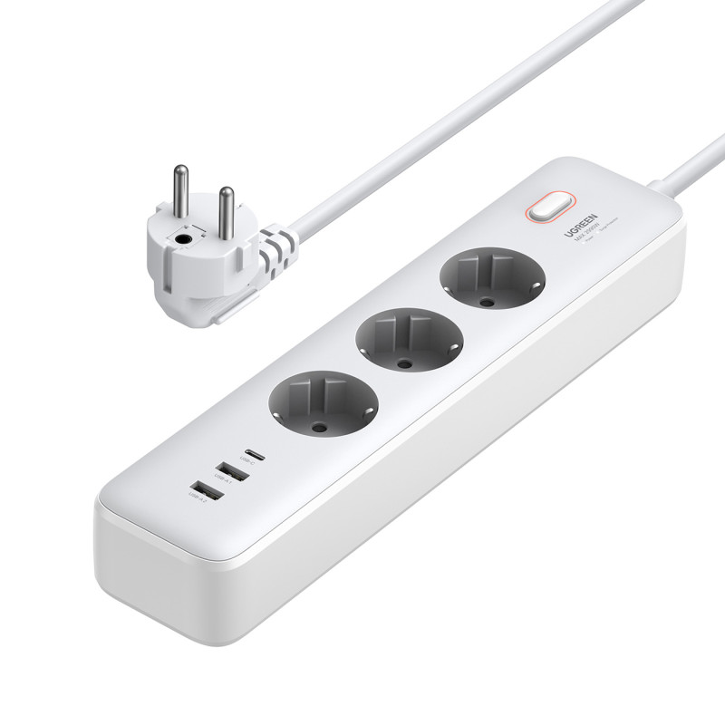 Ugreen CD286 ilgintuvas 3x AC 2x USB-A 1x USB-C 30W su jungikliu - baltas