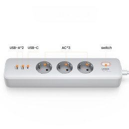 Ugreen CD286 ilgintuvas 3x AC 2x USB-A 1x USB-C 30W su jungikliu - baltas