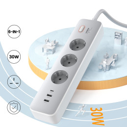 Ugreen CD286 ilgintuvas 3x AC 2x USB-A 1x USB-C 30W su jungikliu - baltas