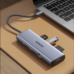 Ugreen CM498 15600 USB-C adapteris – 3x USB-A 3.0 / HDMI / VGA / RJ45 / SD / TF kortelių skaitytuvas / USB-C PD - pilka