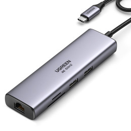 Ugreen CM512 90568 USB-C adapteris - 2x USB-A 3.0 / HDMI / RJ45 / SD ir TF kortelių skaitytuvas / USB-C PD 100W - pilka