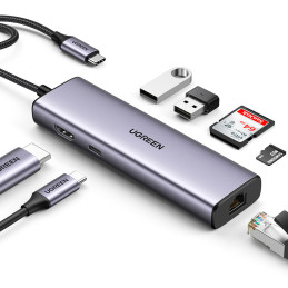 Ugreen CM512 90568 USB-C adapteris - 2x USB-A 3.0 / HDMI / RJ45 / SD ir TF kortelių skaitytuvas / USB-C PD 100W - pilka