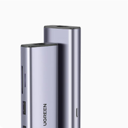 Ugreen CM512 90568 USB-C adapteris - 2x USB-A 3.0 / HDMI / RJ45 / SD ir TF kortelių skaitytuvas / USB-C PD 100W - pilka