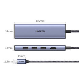 HUB Ugreen CM511 20956A 6in1 USB-C – HDMI / 3x USB-A 3.0 / SD/ TF kortelių skaitytuvas – pilka
