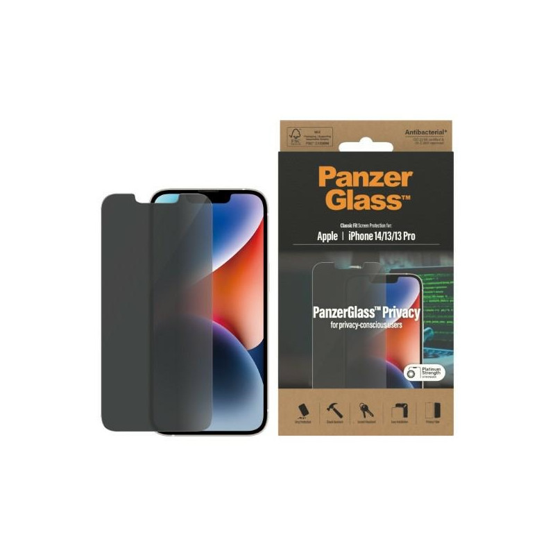PanzerGlass Classic Fit Privacy antibakterinis stiklas, skirtas iPhone 14/ 13 Pro/ 13